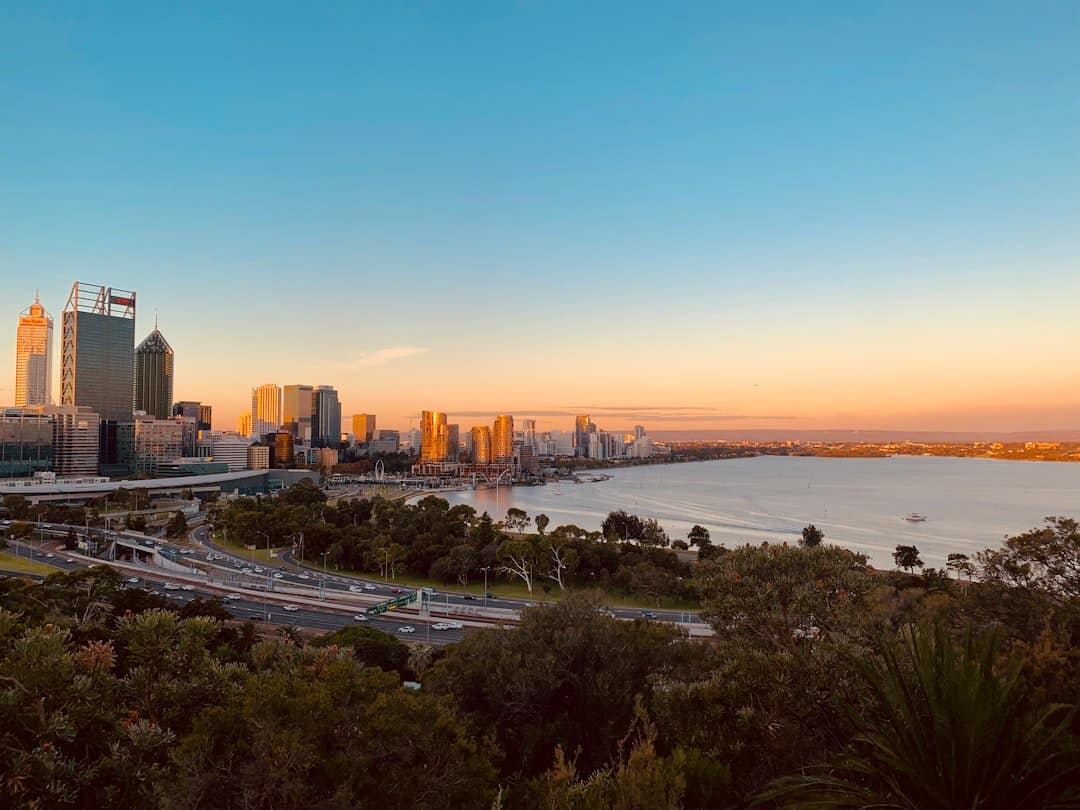 city skyline near sea during sunset